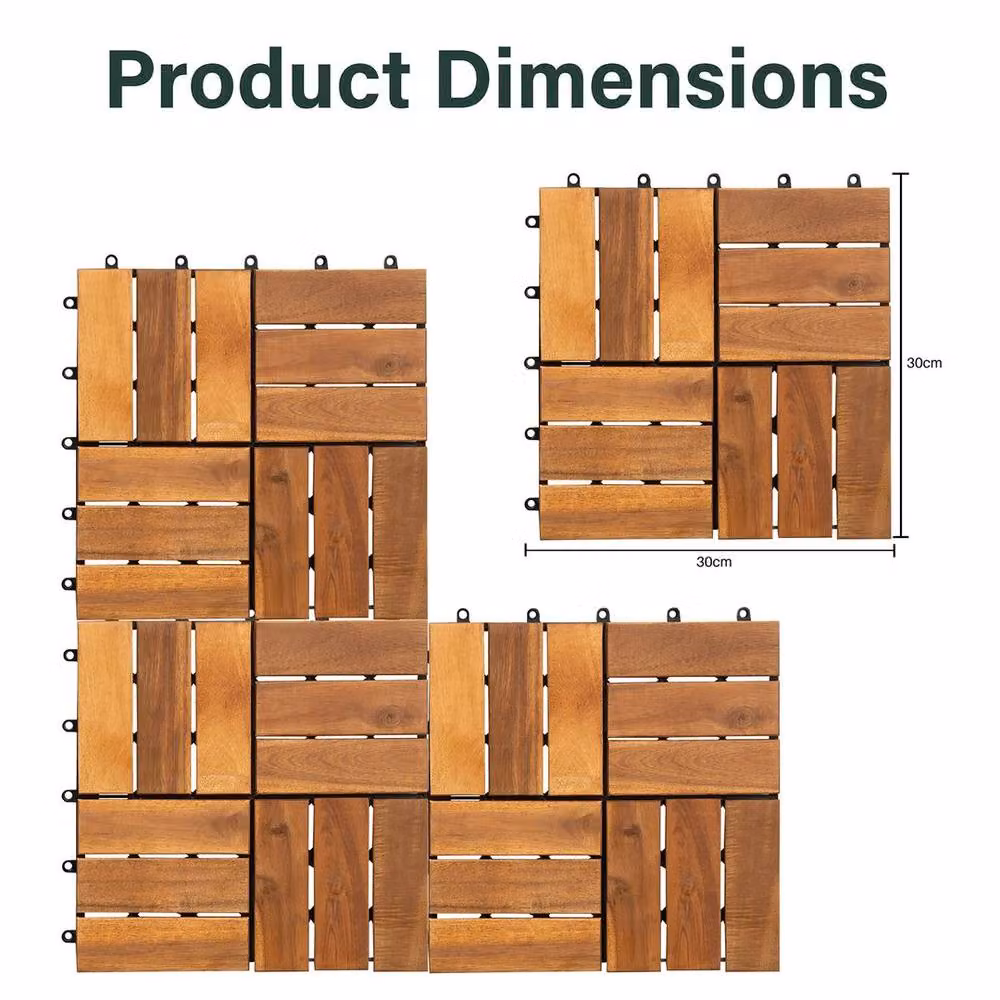 FLAVORA 18pc Interlocking Wooden Decking Tiles for Outdoor Patio, Brown, W/D/H: 30 x 30 x 3 cm – 6