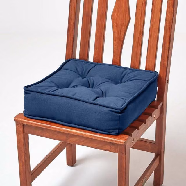 Homescapes Square Cotton Dining Chair Booster Cushion in Blue