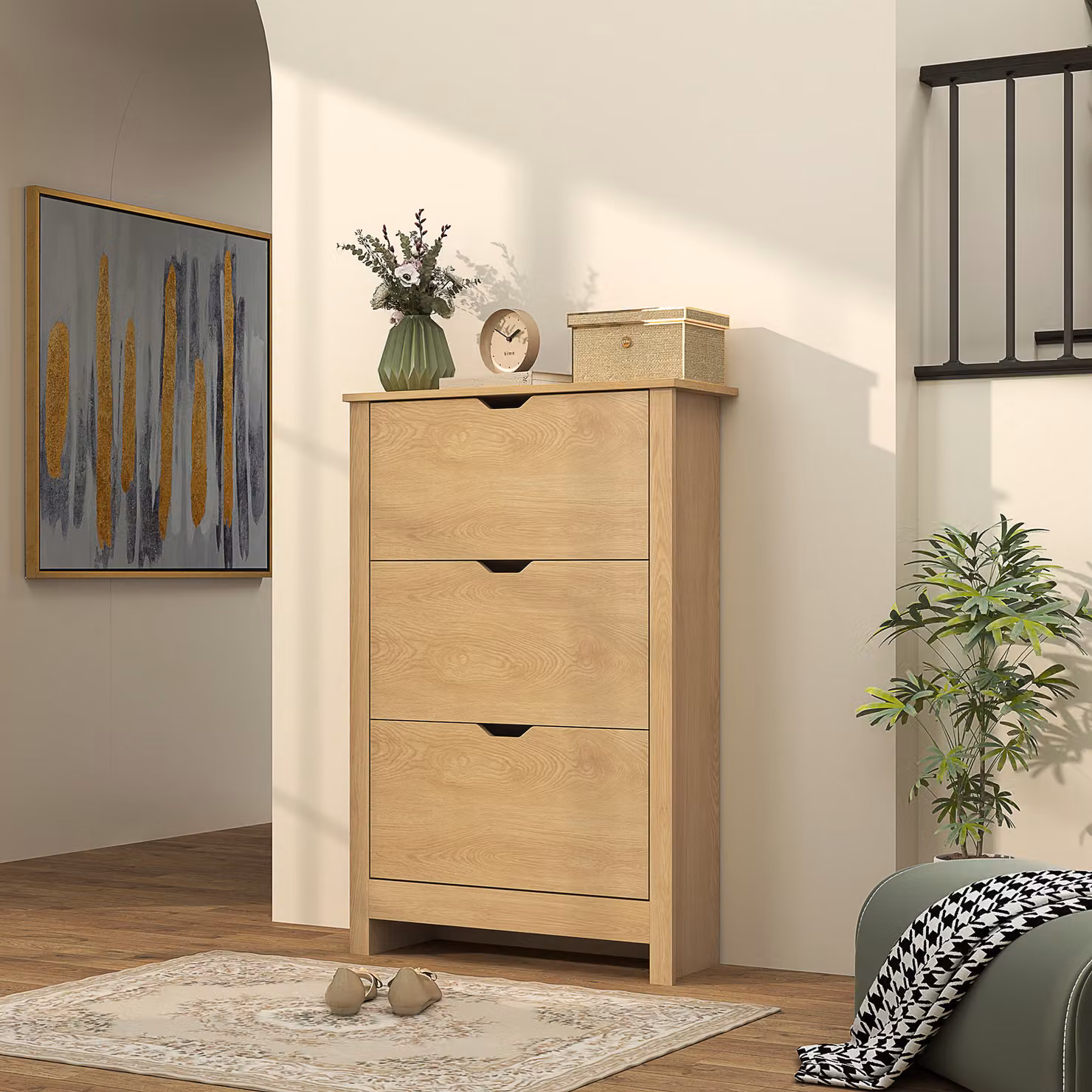 HOMCOM Slim Shoe Cabinet in Brown with 3 Internal Drawers and Adjustable Shelves for 18 Pairs of Shoes – 2