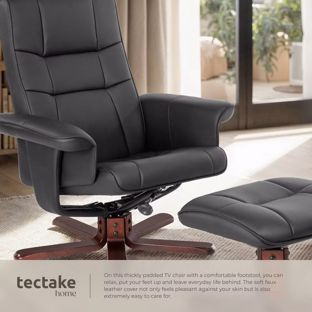 tectake Relax Recliner Armchair with Ottoman and Armrests, Black Synthetic Leather, Swivel and Adjustable Backrest – 4