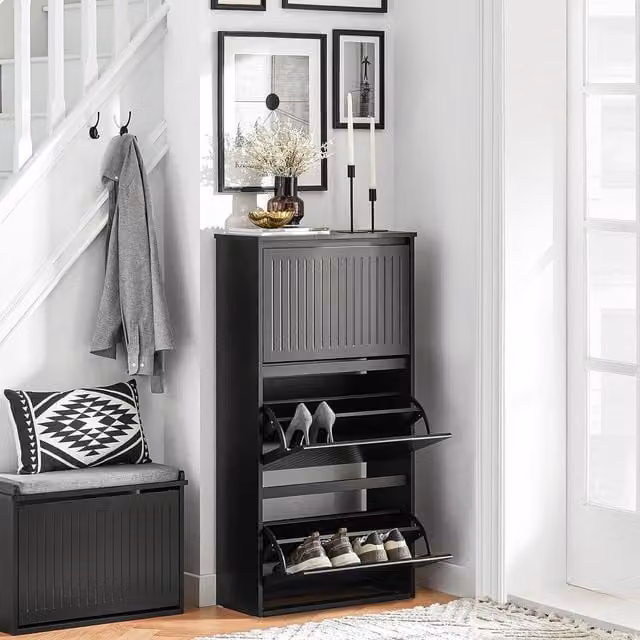 SoBbuy Modern Black Shoe Cabinet with 3 Tilting Compartments and Matt Finish