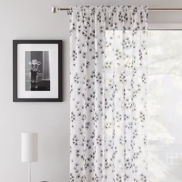 Terrys Delila Black Floral Transparent Voile Fabric Panel Curtain with Rod Pocket