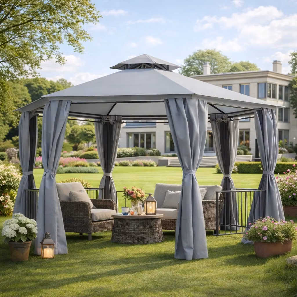Outsunny Hexagonal Garden Gazebo Party Tent with Double-Tier Roof and Netting Side Panels, Grey – 2