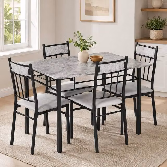 STILVORA Modern Rectangular Dining Table and Chairs Set with Metal and Wood Frame in Grey