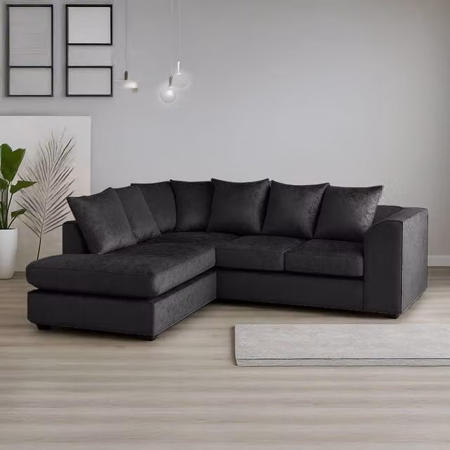 Furnishings For Less UK Crystal Crushed Velvet 3 to 4 Seater L Shaped Corner Sofa, Left Hand Facing, Black