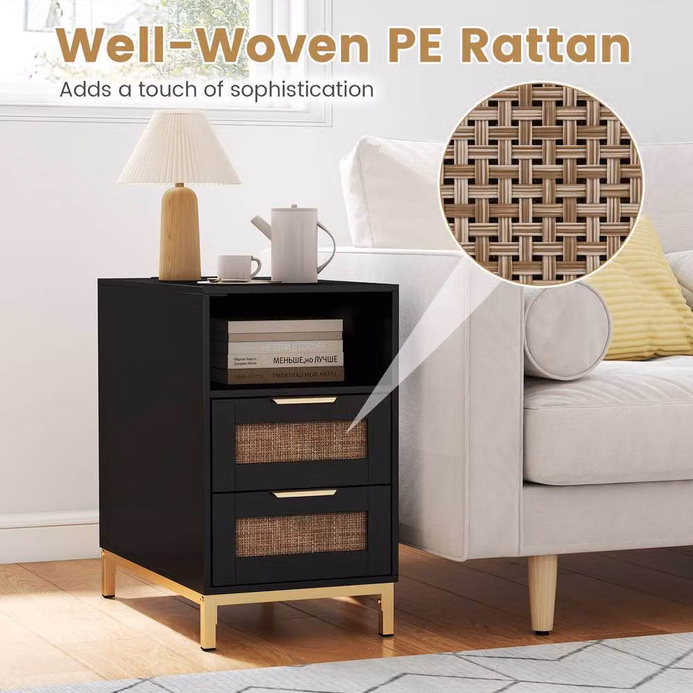 Gymax Narrow Rattan Side Table with Charging Station and 2 Drawers in Black – 6