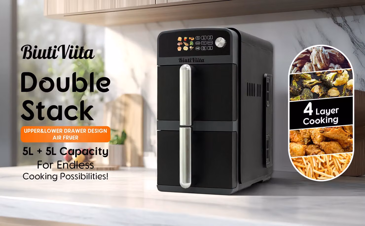 BiutiViita 10L Double Stack Air Fryer with Dual Zone Baskets in Black – 5