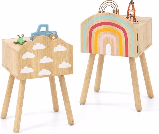 Costway Set of 2 Kids Nightstands in Brown and Multicolour Wood