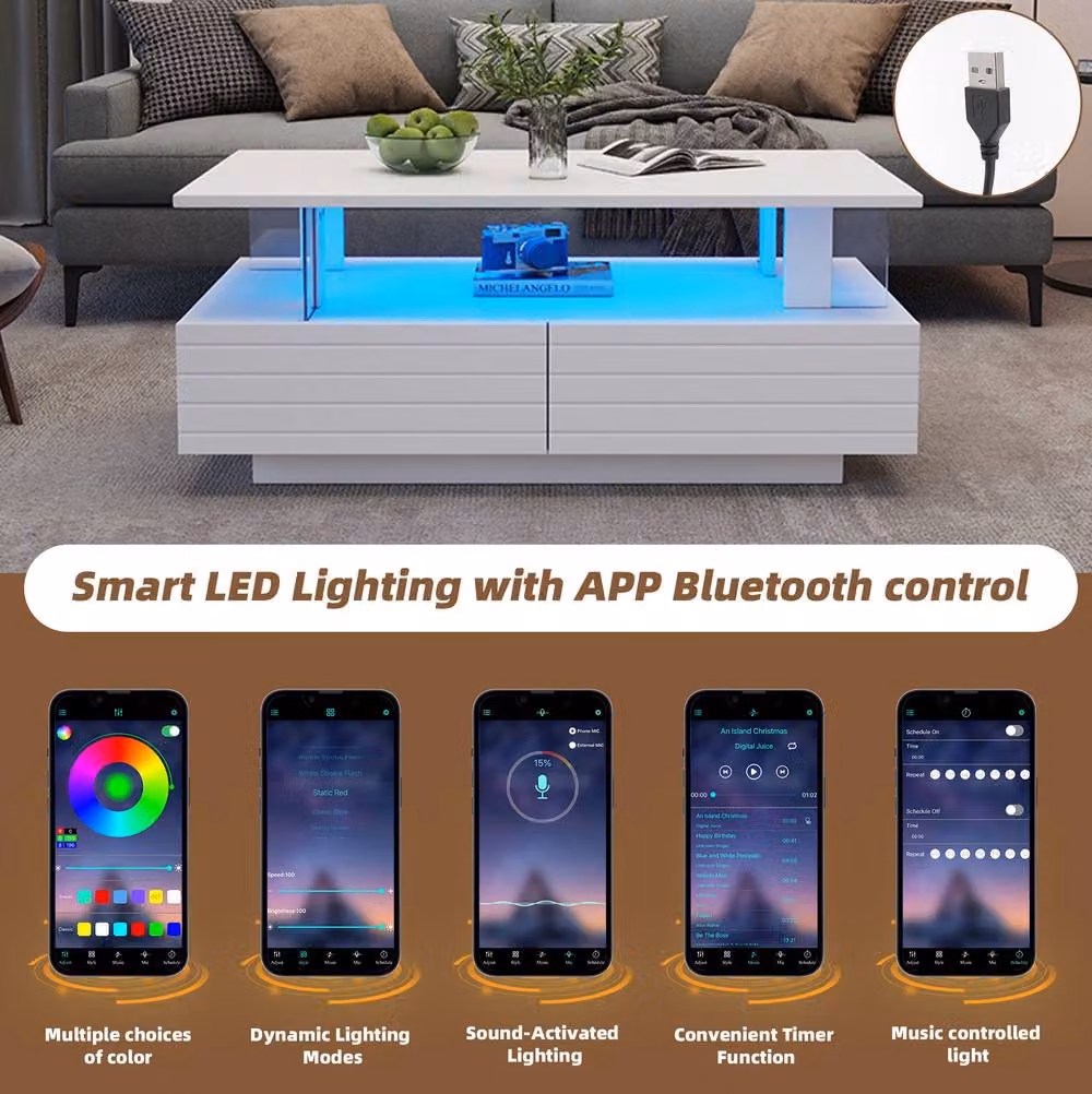 STILVORA Modern White Glossy Coffee Table with LED, Open Storage and 2 Drawers, W/D/H: 100 x 50 x 42.5 cm – 3