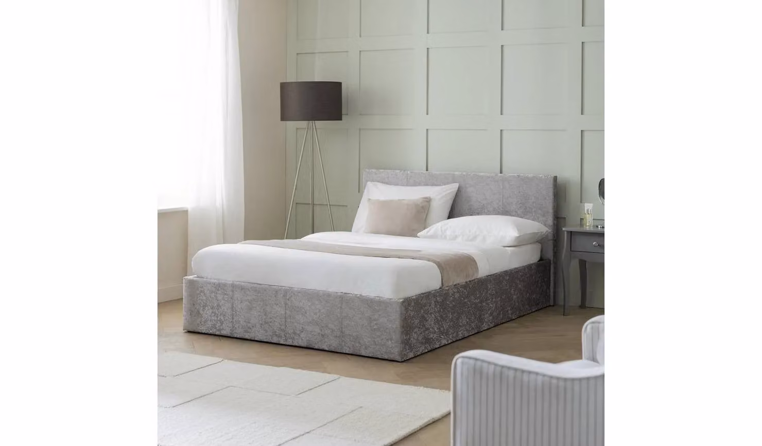 Heathdon Small Double Ottoman Bed in Silver Velvet with Lift Up Base