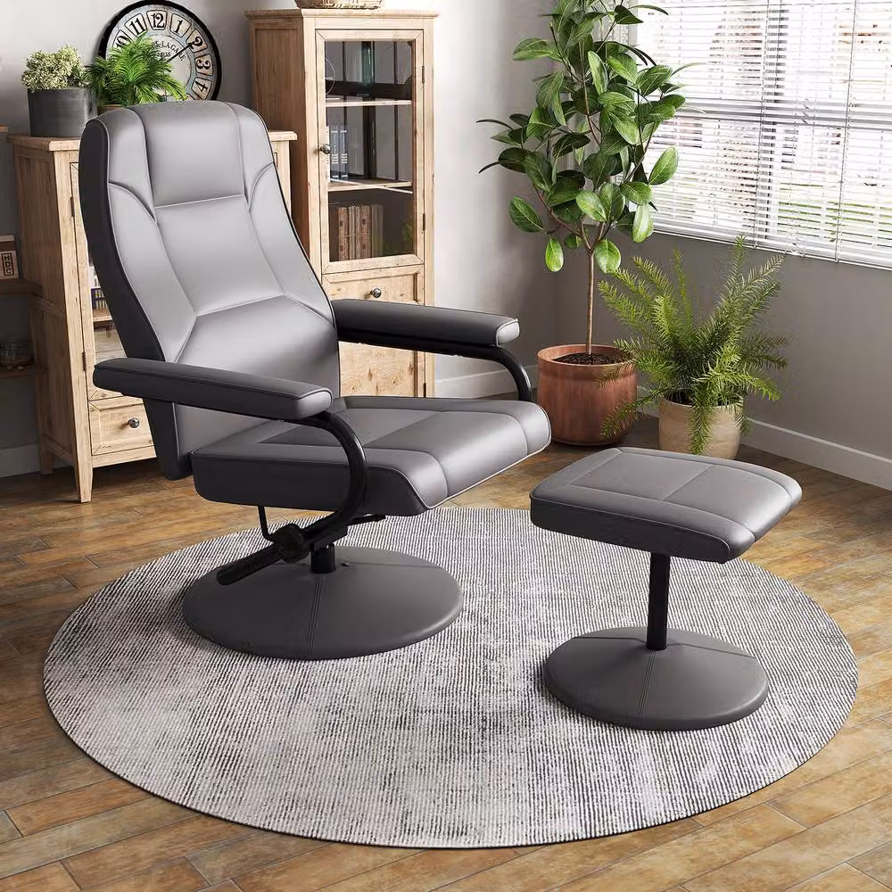Costway Grey 360 Swivel Reclining Chair with Adjustable Backrest and Ottoman – 9