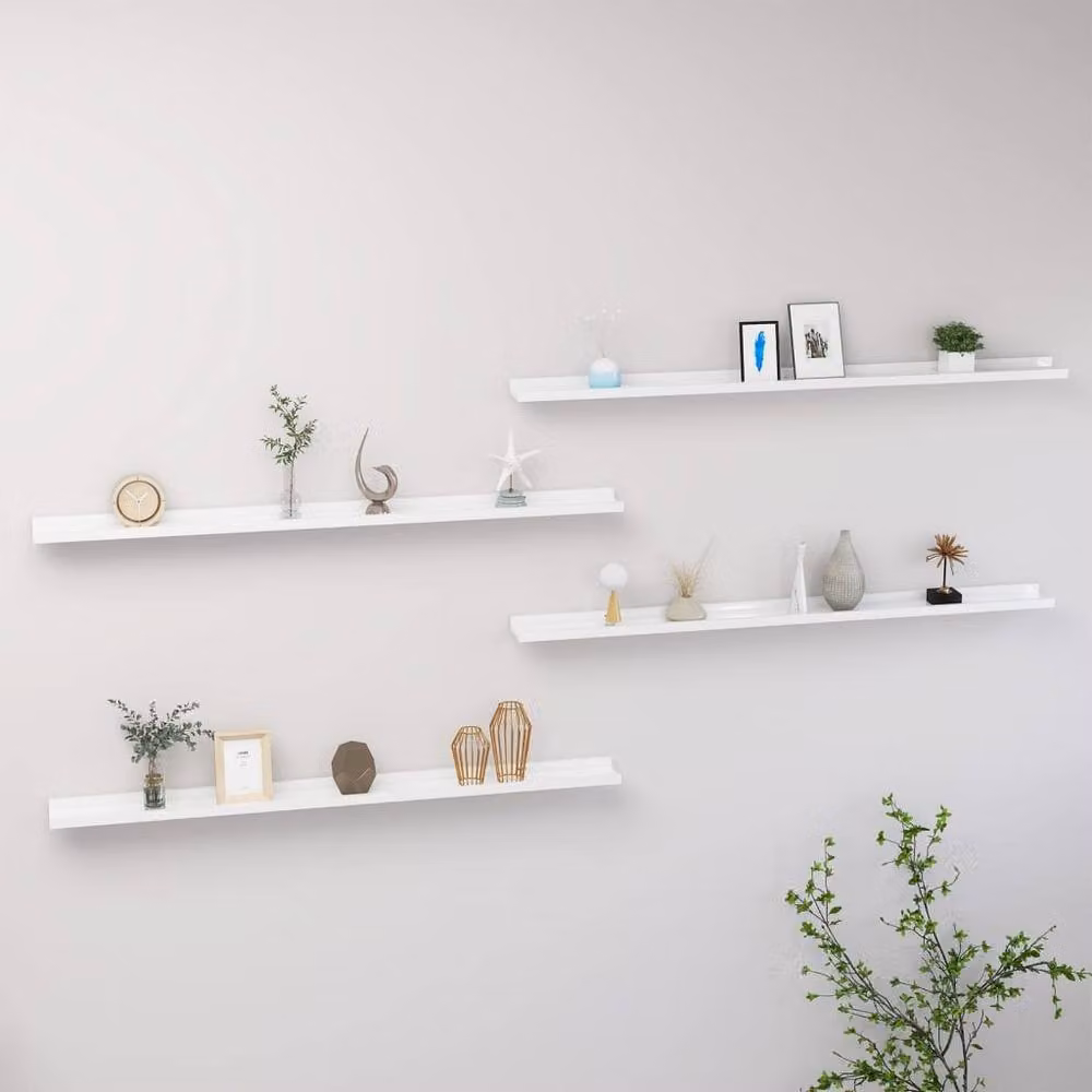 Berkfield Home Wall Mounted High Gloss White Shelves, 4 Pack, W: 115 cm, D: 9 cm, H: 3 cm