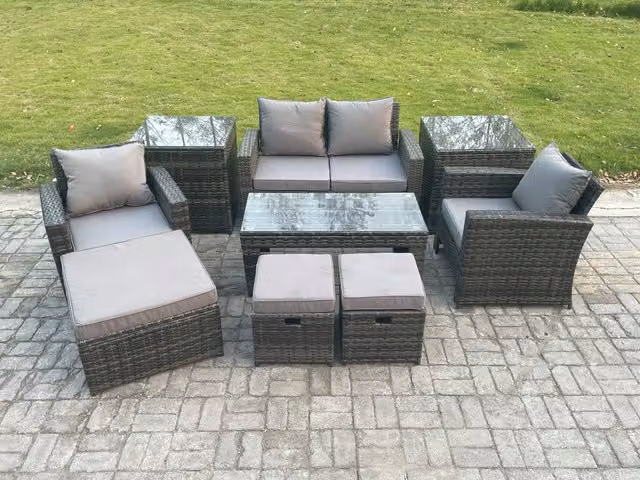 Fimous 9 Piece L-Shape Outdoor Lounge Sofa Set in Dark Grey with Polyrattan Wicker, Coffee Table, Armchairs, Ottoman and Upholstered Cushions