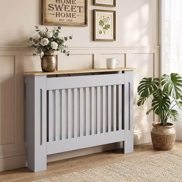 HOMCOM Slatted MDF Radiator Cover Cabinet in Grey, W/D/H: 112 x 19 x 81 cm – 1