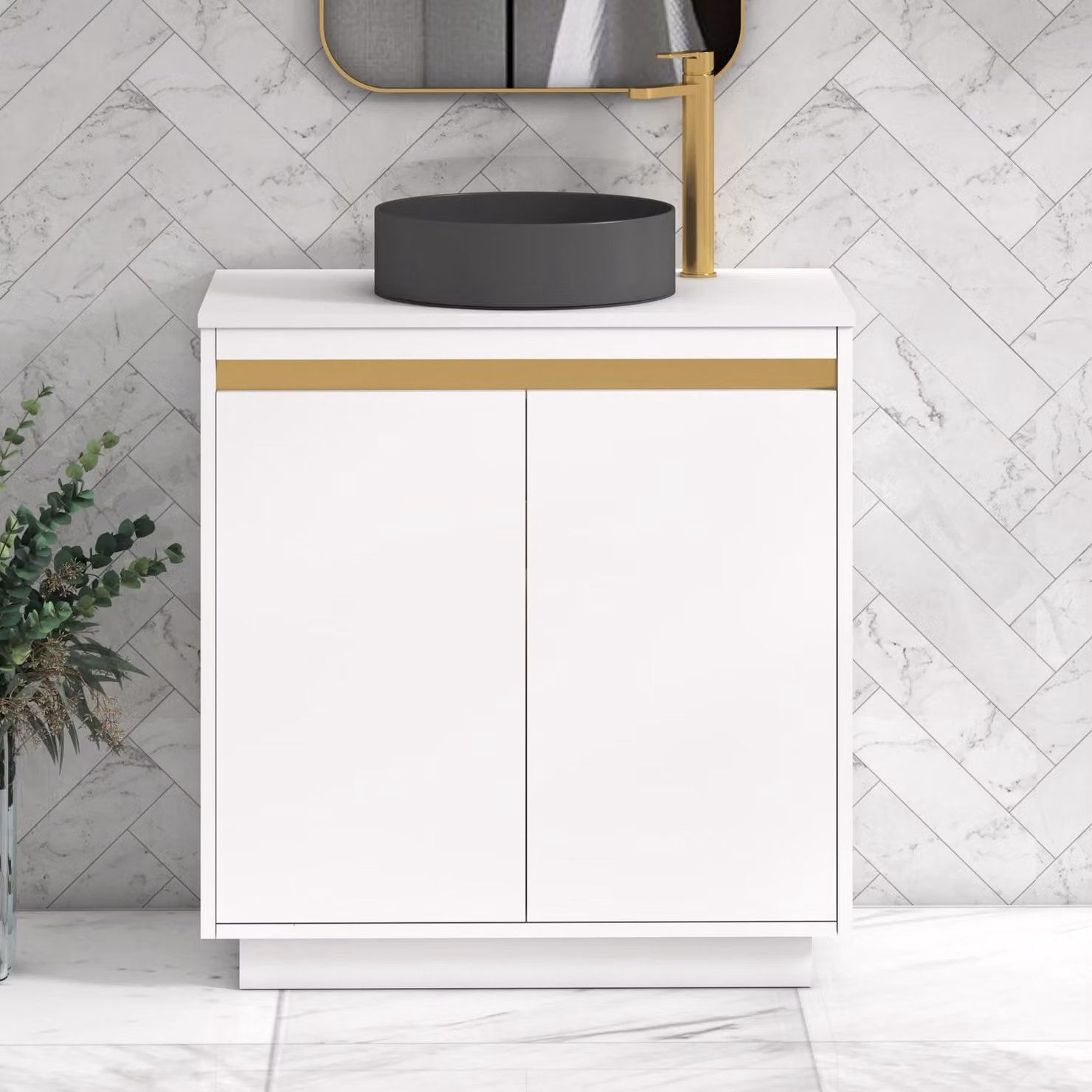 Royal Bathrooms Orion 800mm Matt White Floor Standing 2 Door Vanity Unit with Art Round Basin and Brushed Brass Accent Trim