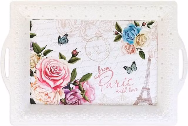 KDMD Paris Design Rectangular Tray with Handles, White, 2 Pack, W: 46.6 cm, D: 29 cm, H: 5 cm