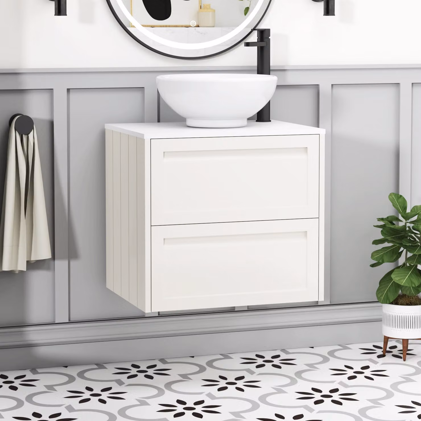 Royal Bathrooms Elmore Classic White Wall Hung Vanity Unit with 2 Drawers, Plain White Worktop and Breeze Basin, Width: 60 cm