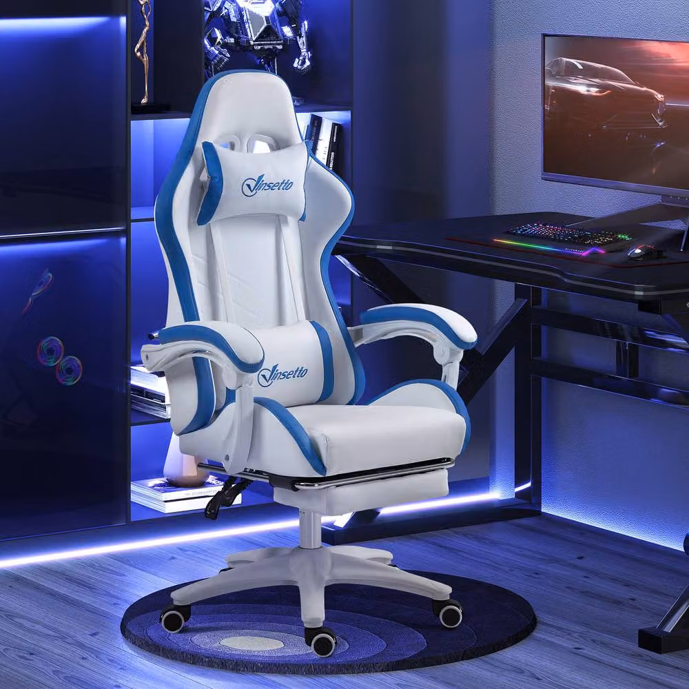 ERGOVEXA Blue and White Synthetic Leather Gaming Chair with Headrest and Swivel Castors – 3
