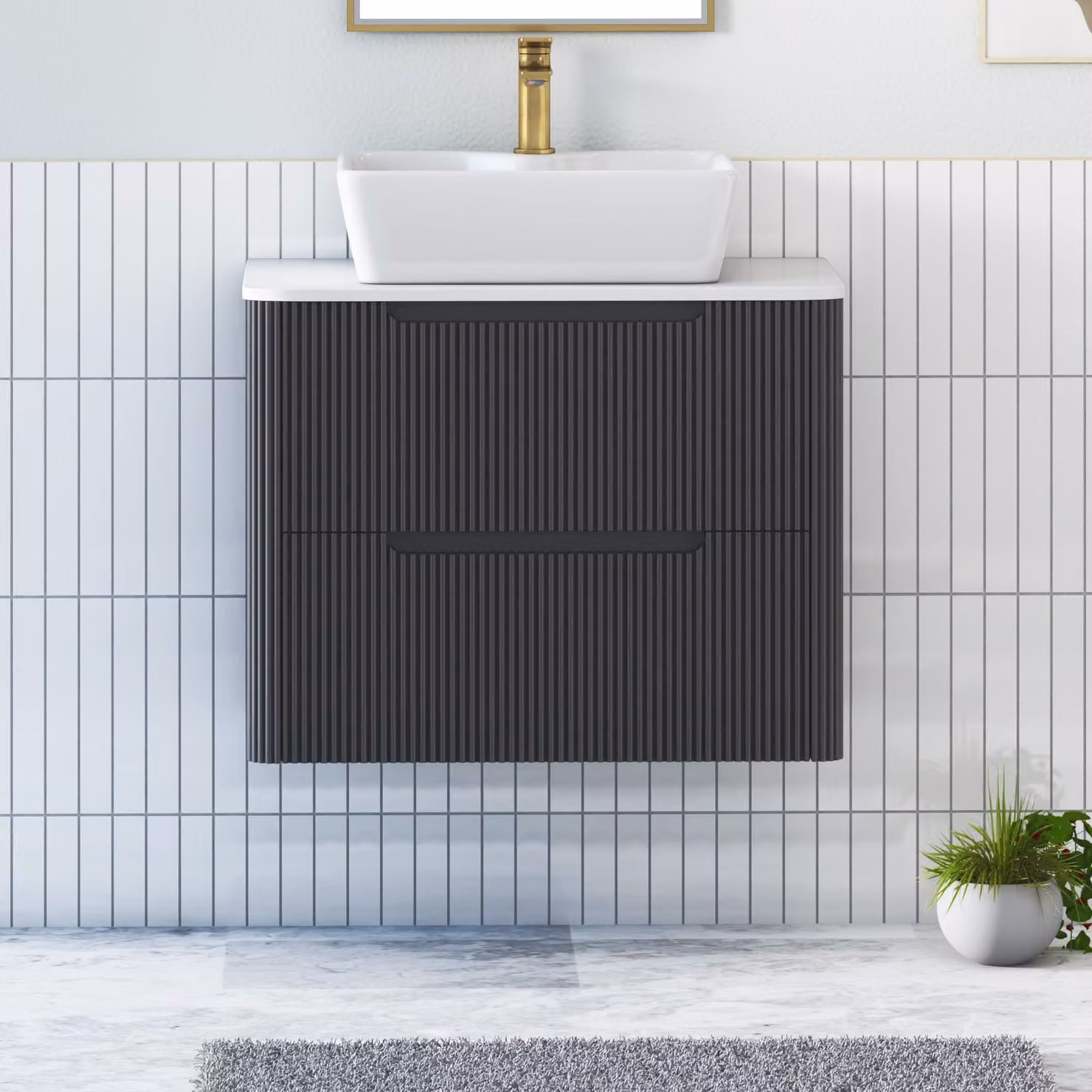 Royal Bathrooms Avenza Wall Hung Vanity Unit with Cube Basin, Matt Obsidian Black and Plain White Worktop, Width: 80 cm