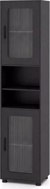 Havendro Slim Floor Cabinet Bathroom Storage Organiser with 2 Fluted Doors in Black, H 170 x W 40 x D 2 cm