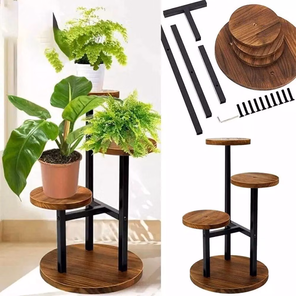 VOGREX Brown Indoor Floor Plant Stand with Non-Slip Pads – 3