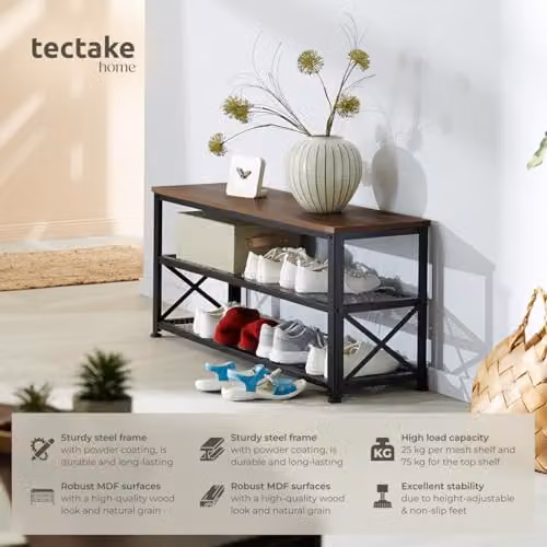 tectake 3-Tier Industrial Shoe Rack with Wood-Look Top Shelf and 2 Grid Shelves, Black W/D/H: 101 x 30.5 x 45.5 cm – 2