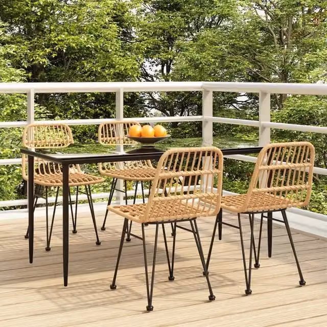 Berkfield Home 5 Piece Brown Poly Rattan Garden Dining Set with Glass Top Table