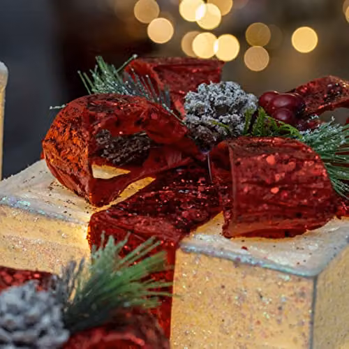 The Christmas Workshop Set of 3 Light-Up Christmas Boxes with Red Bow, White and Red, featuring 65 Warm White LED Lights and Timer Functionality – 5