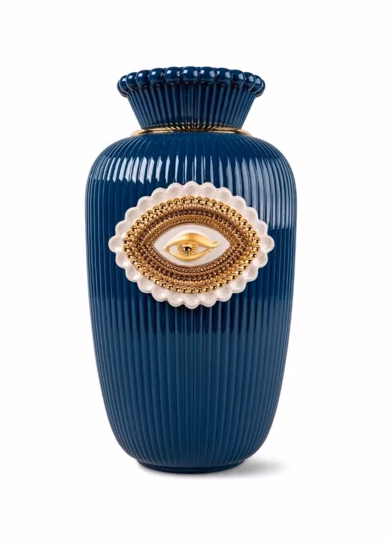 Lladró Lovers Eyes Blue Porcelain and Glass Abstract Design Tabletop Vase
