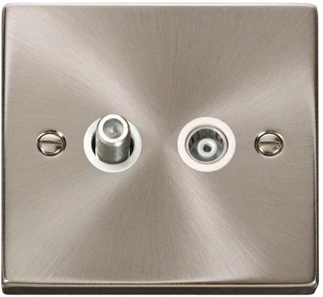 SE HOME Satin Brushed Chrome Satellite and Isolated Coaxial 1 Gang Surface Socket in White