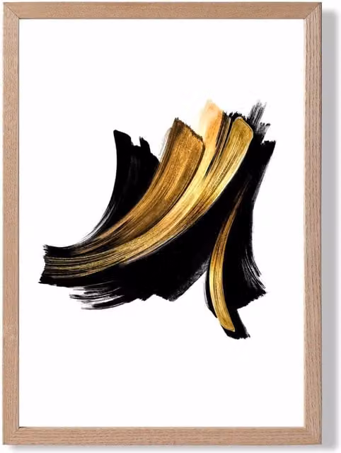ARTZE Abstract Black, Gold and White Paint Strokes Framed Print with Oak Frame, A3