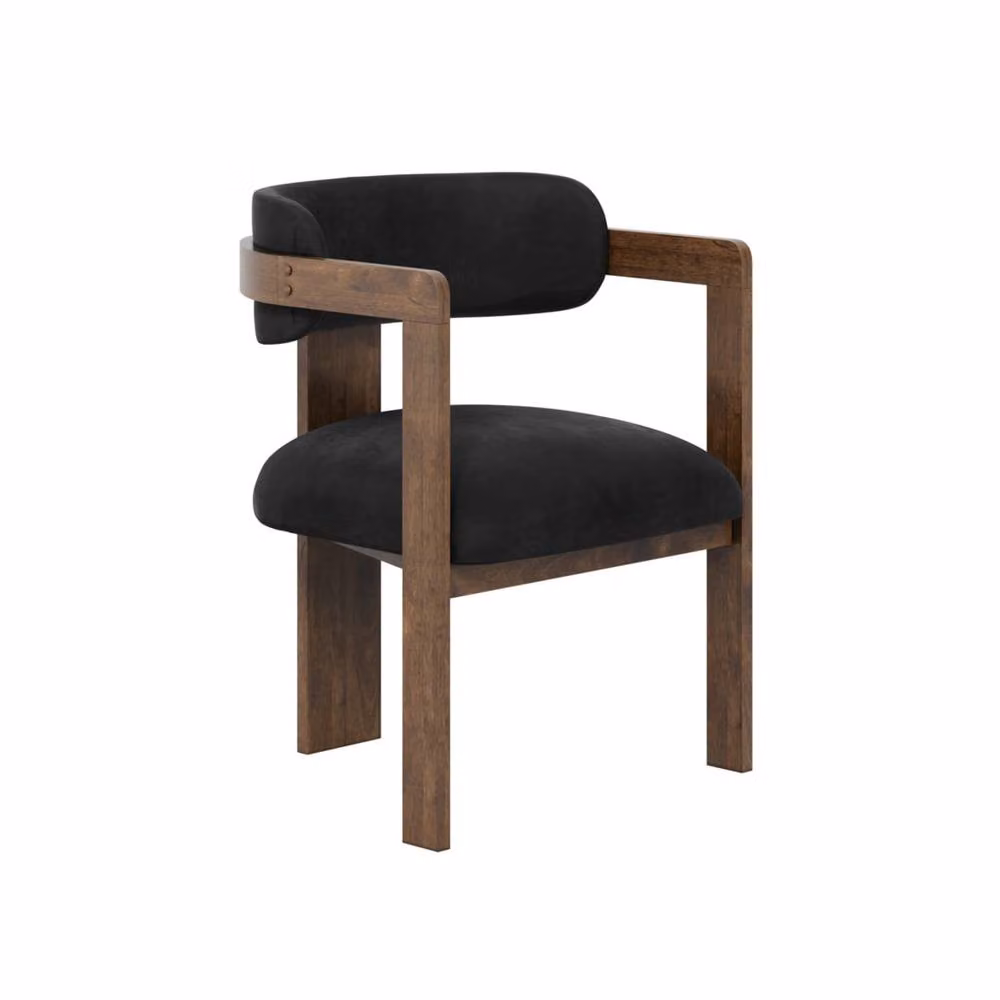 Wyld Haus Thurles Black Velvet Upholstered Dining Chair with Walnut Frame, H 74 x W 54 x D 53 cm, H 74 x W 54 x D 54 cm, H 74 x W 53 x D 53 cm – 2