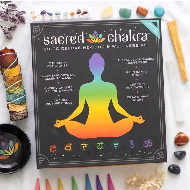 Uniqueful Sacred Chakra Deluxe Healing and Wellness Kit with Multicolour Stone, Wood and Ceramic Elements and Floral and Woody Cones