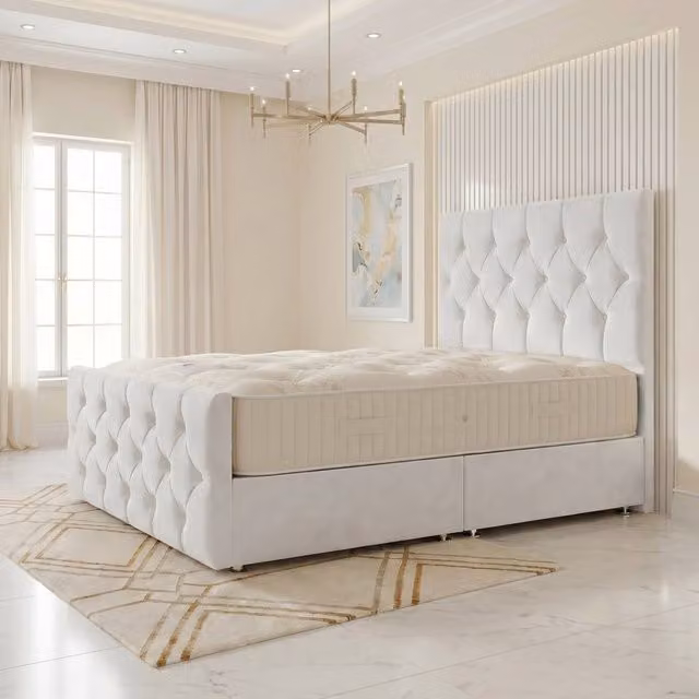 Somnior Ziggy Velvet Divan Bed with Spring Mattress in White, Double Size, W/D/H: 140 x 200 x 28 cm