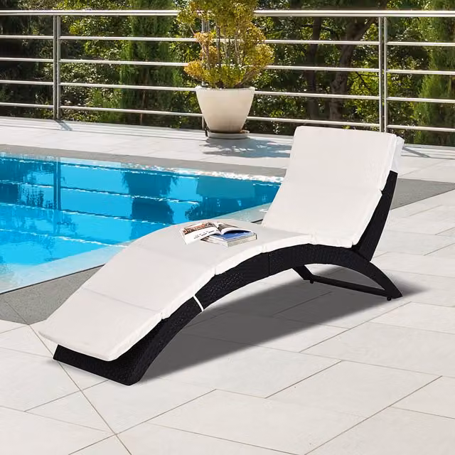 Outsunny Rattan Sun Lounger Hammock with Cream White Cushions in Black Rattan
