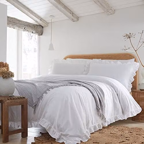 Appletree Cassia Frill 100% Cotton Duvet Cover and Pillowcase Set in White, W/D/H: 140 x 200 cm