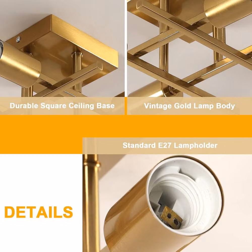 Goeco Industrial Metal Ceiling Light, 4-Light Vintage Square Chandelier in Gold/Brass with E27 Fitting – 4