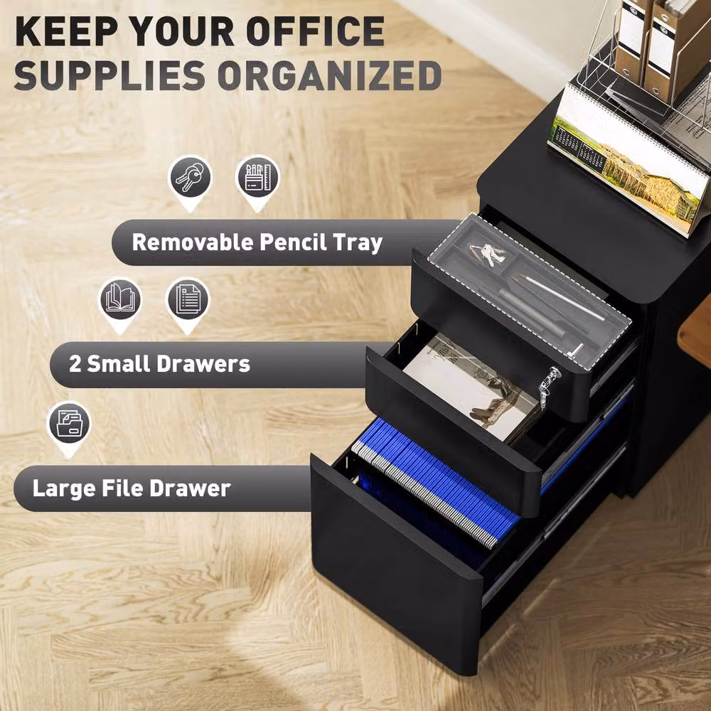 STILVORA 3 Drawer Metal Filing Cabinet with Lock and Castors in Matt Black – 3