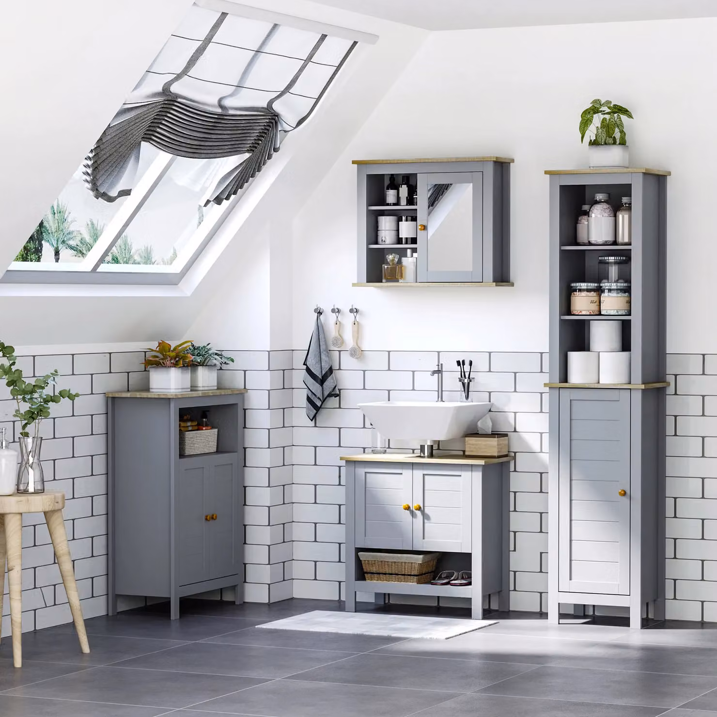 Kleankin Grey Wall Mounted Bathroom Mirror Cabinet with Adjustable Shelves and Open Shelf – 3