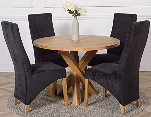 Thats Furniture Oregon Round Oak Dining Table and 4 Lola Fabric Chairs in Black and Grey, Diameter: 110 cm, Height: 76 cm – 2