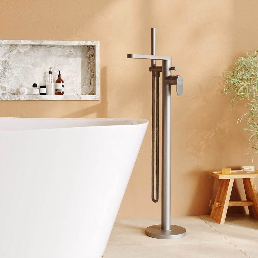 Balterley Modern Freestanding Round Bath Shower Mixer Tap, Brushed Pewter and Silver – 2