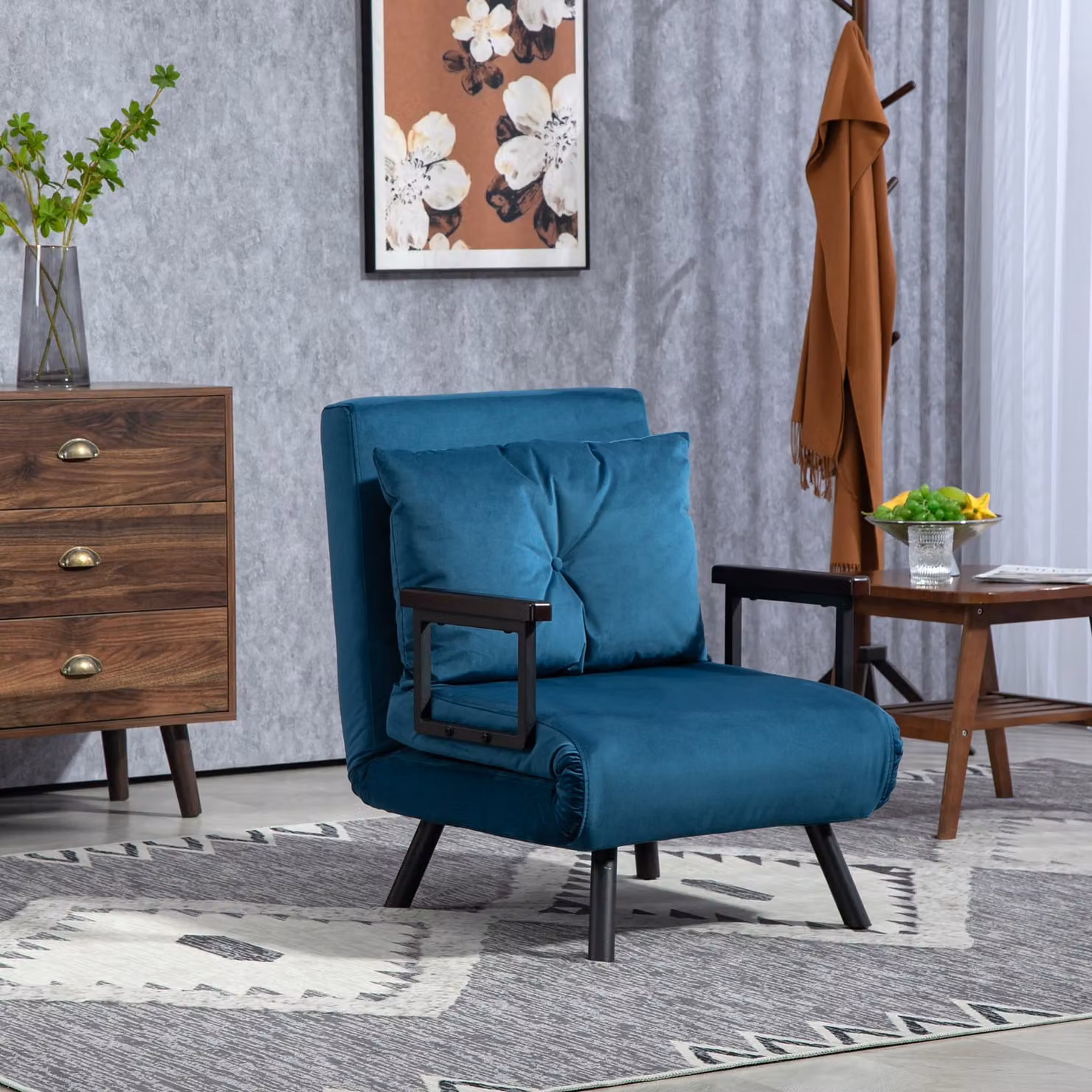 HOMCOM Navy Blue Velvet Click Clack Convertible Single Chair Bed with 2 Cushions – 2