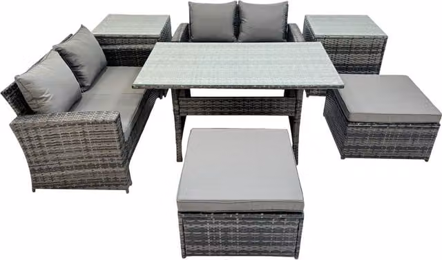 Fimous 6 Seater Wicker PE Rattan Outdoor Dining Set with Double Seat Sofas and Stools in Dark Grey Mixed