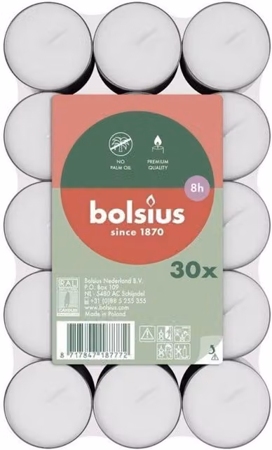 Bolsius White Classic Tealights, 30 Pack