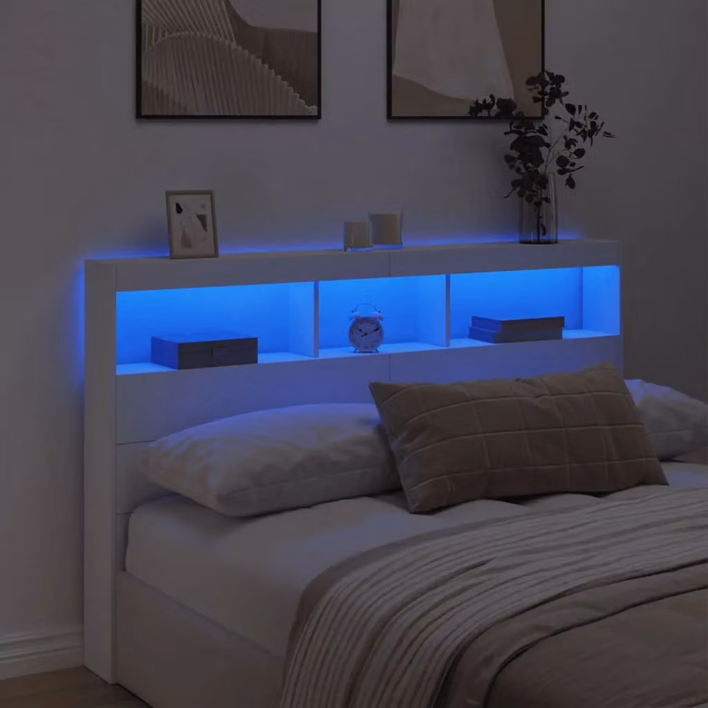 Berkfield Home Modern White Headboard Cabinet with Integrated LED Lighting and USB Charging Port, W/D/H: 160 x 17 x 102 cm – 2