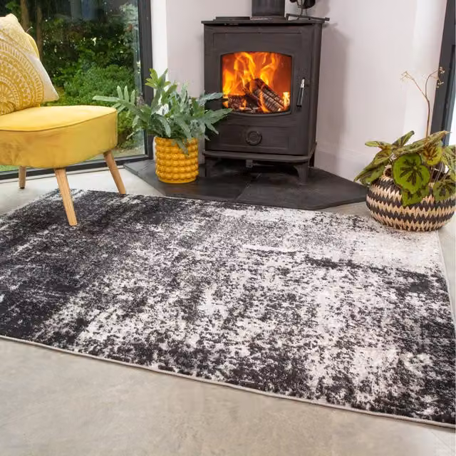The Rug House Black and Grey Monochrome Abstract Area Rug, W: 230 cm, D: 160 cm