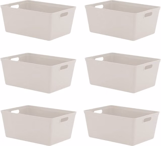 Simpa Set of 6 Plastic Studio Organiser Storage Trays with Handles, 11L, Taupe, H 15.5cm x W 25cm x D 35cm