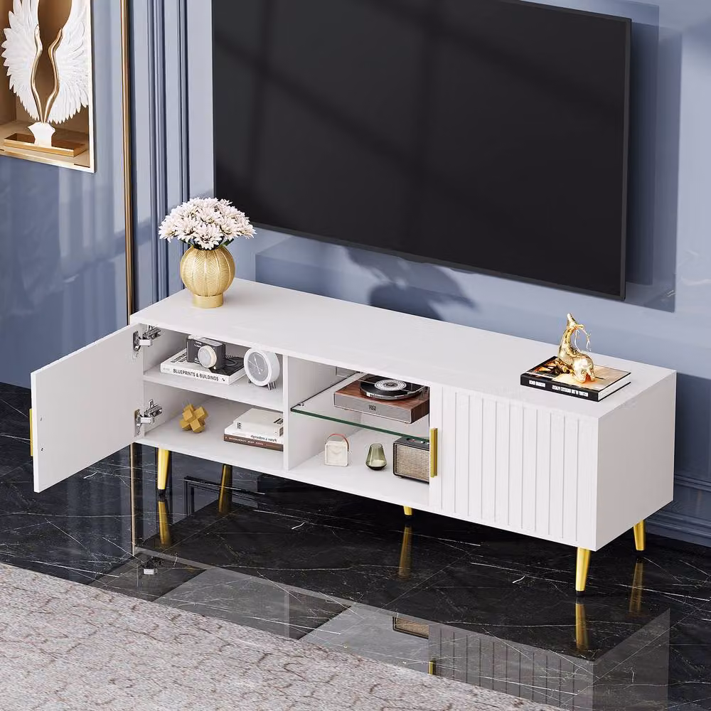 Dprodo Modern White TV Stand Cabinet with Ambient Light, W/D/H: 140 x 40 x 48 cm – 7