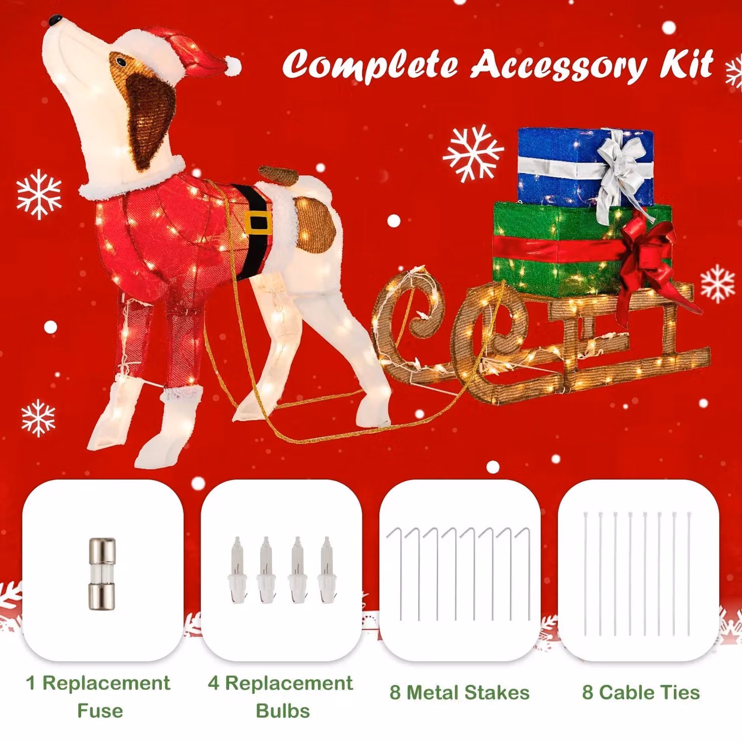 Costway Pre-lit Outdoor Christmas Decorations with Multicolour Lighted Dog, Sleigh and Gift Boxes – 4