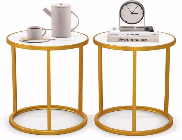 Set of 2 COSTWAY Modern Round End Tables with White Marble Tops and Gold Metal Legs